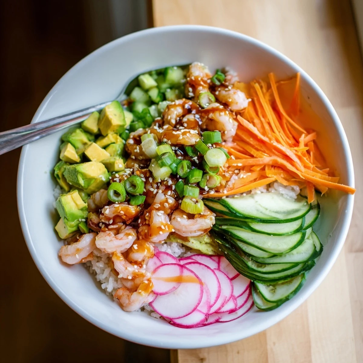 Deconstructed shrimp and avocado sushi bowls drizzled with tangy soy dressing.