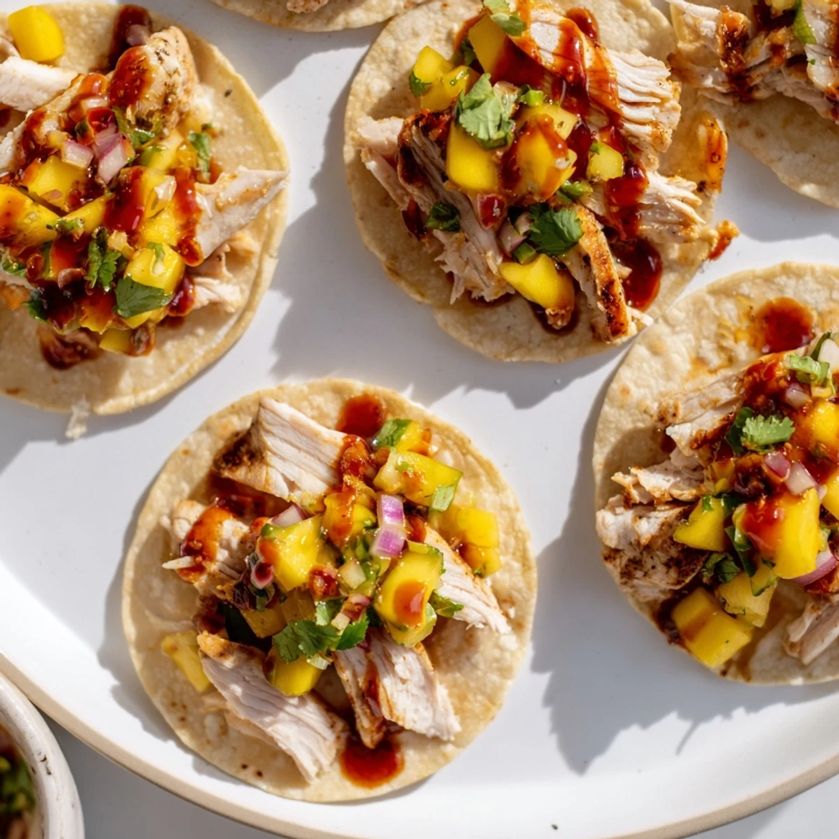 Tender mango BBQ chicken tortilla stacks layered with vibrant mango salsa and cheese.