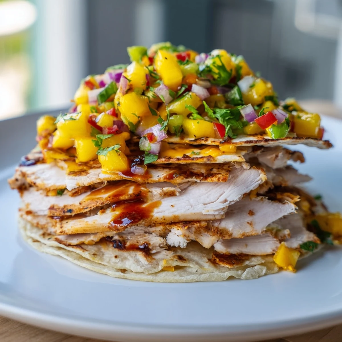 Crisp tortillas sandwich smoky grilled chicken and fruity mango salsa for a delicious meal.