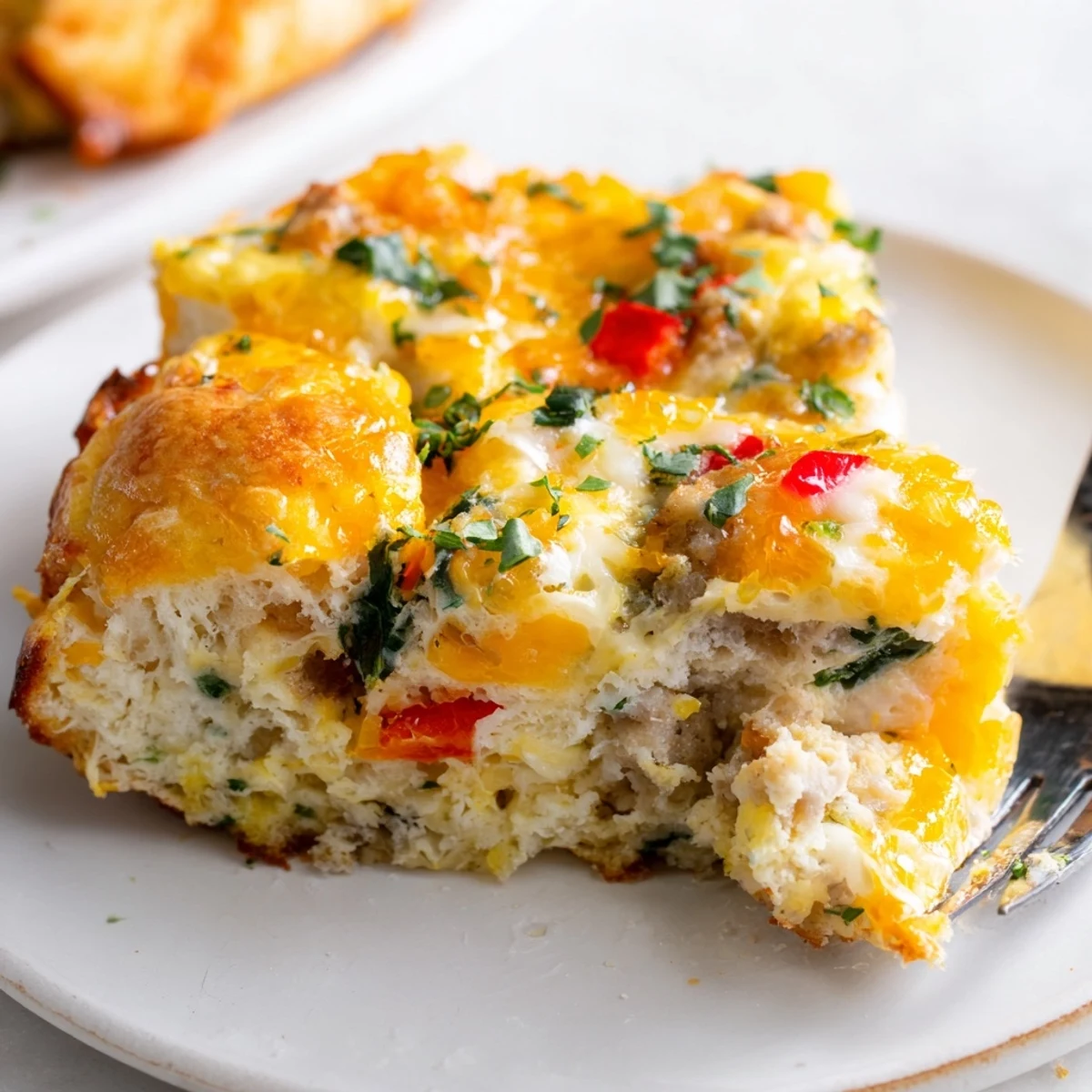 Savory Cheesy Breakfast Biscuit Frittata, filled with melty cheese and fresh vegetables.