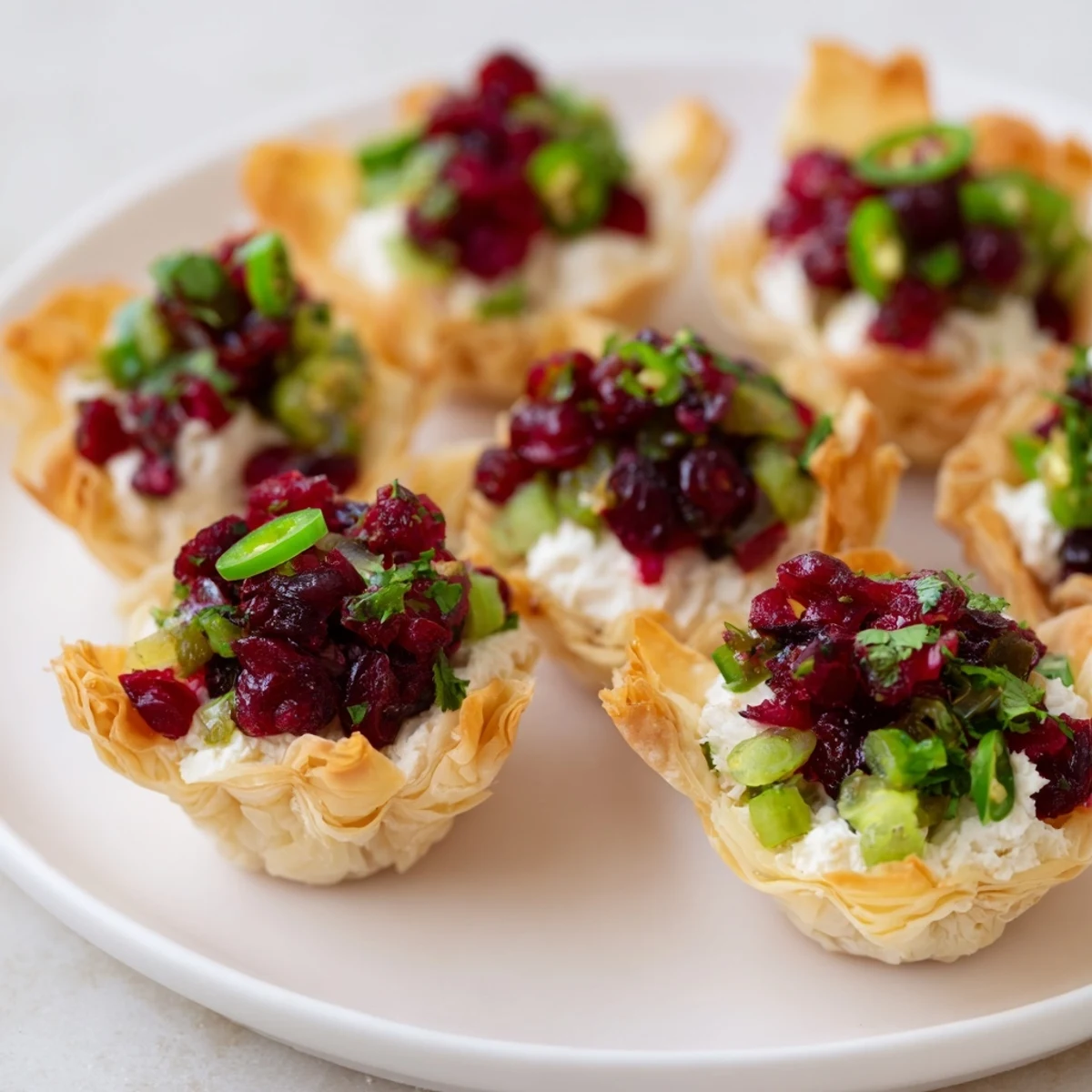 Colorful tartlets filled with creamy cheese, sweet cranberries, and jalapeños for a festive bite.