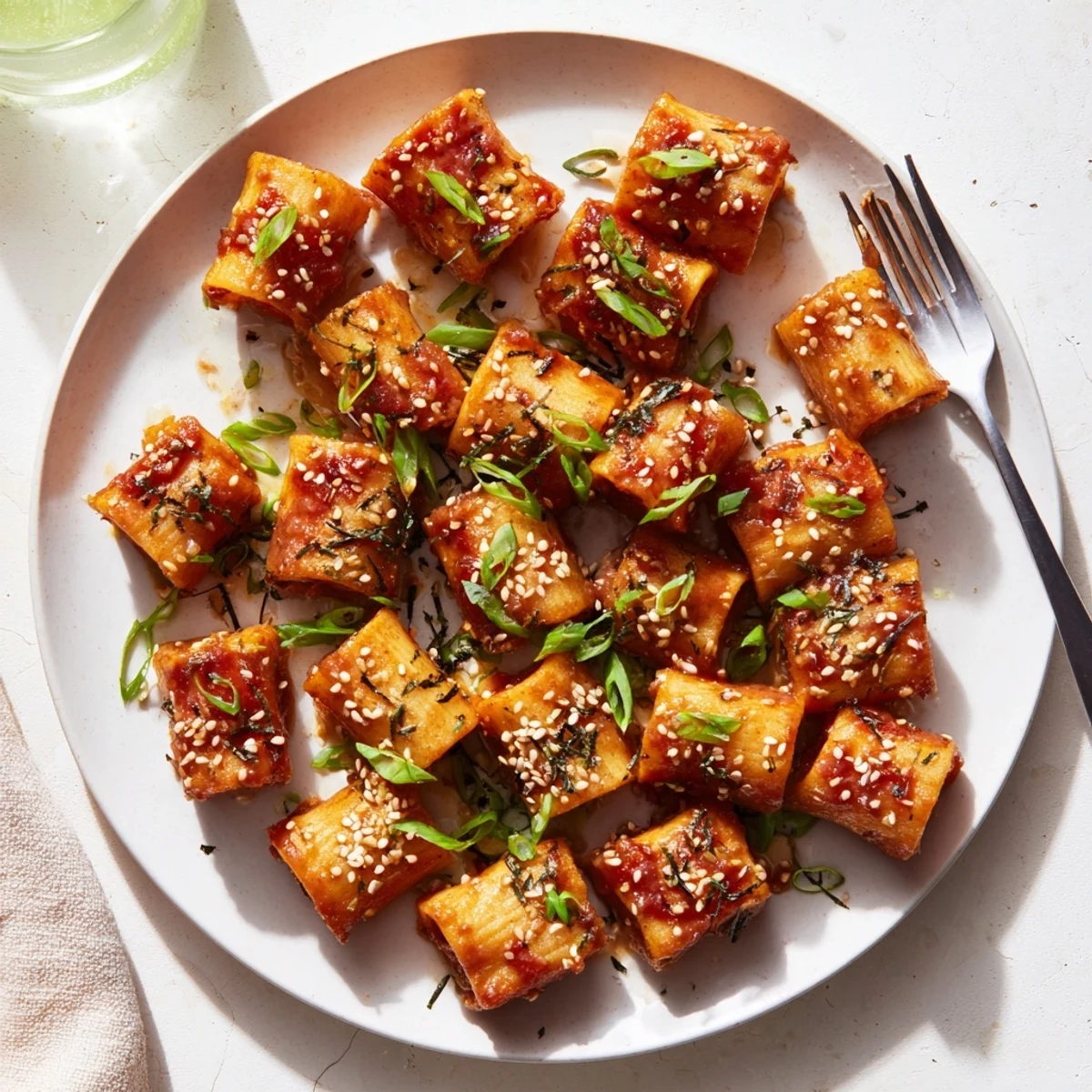 Golden-brown baked pasta bites drizzled in spicy miso-chili glaze for a flavorful snack.