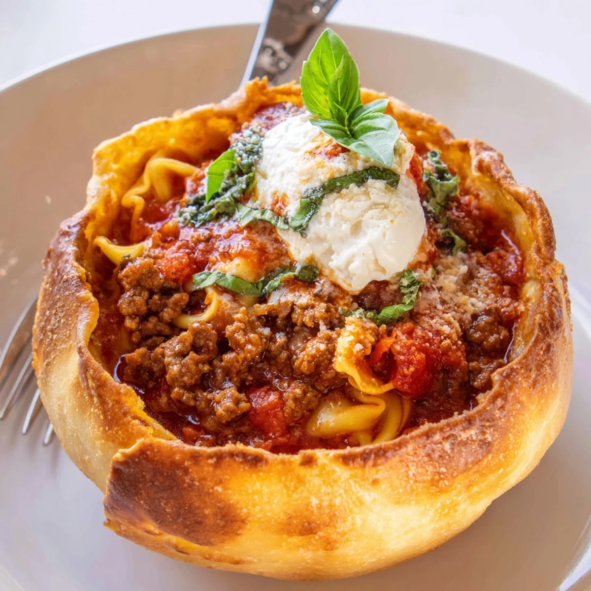 Hearty lasagne soup served in golden pizza dough bowls, perfect for family dinners.