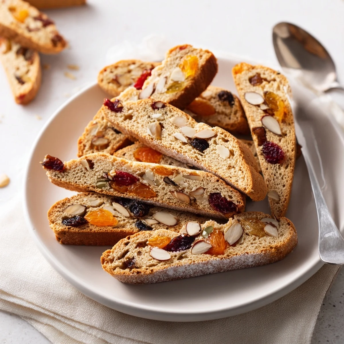 Crisp festive holiday snack biscotti thins studded with dried fruits and nuts.