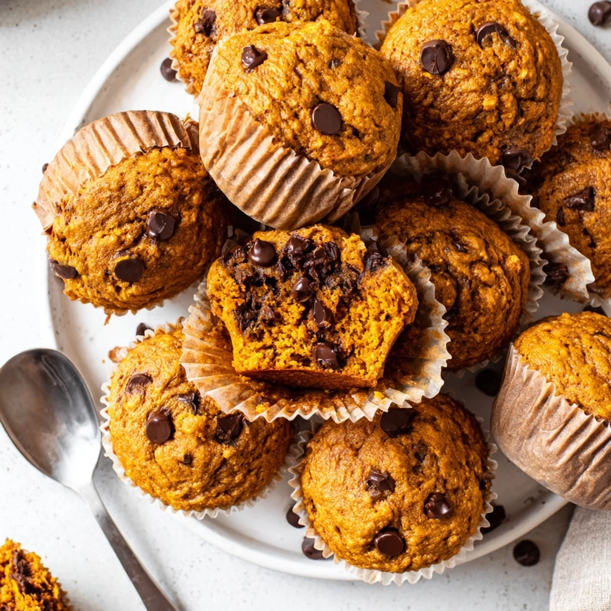 Warm, fluffy vegan pumpkin muffins bursting with chocolate chips, ideal for any snack.