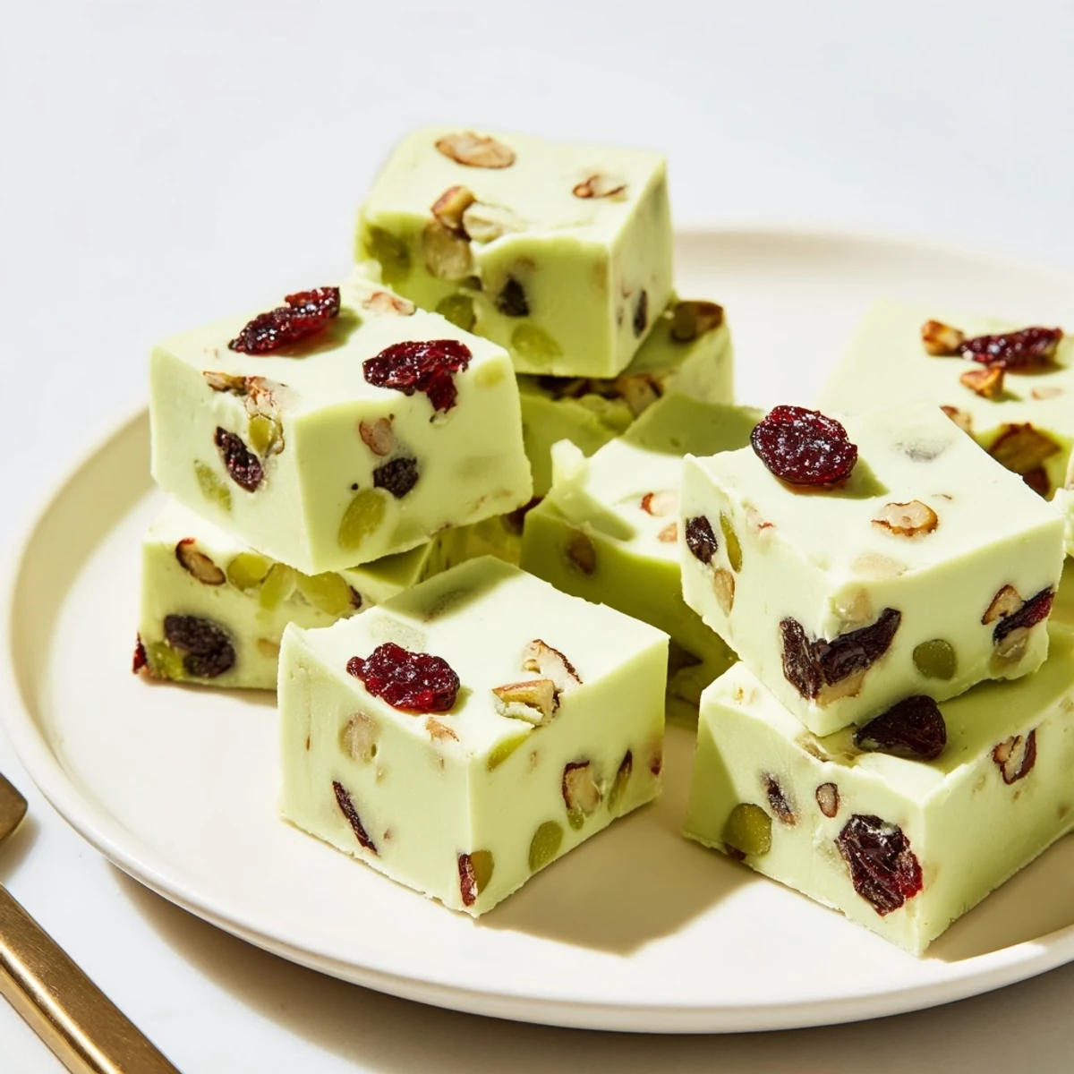 Creamy matcha white chocolate Thanksgiving fudge adorned with cranberries and pecans.