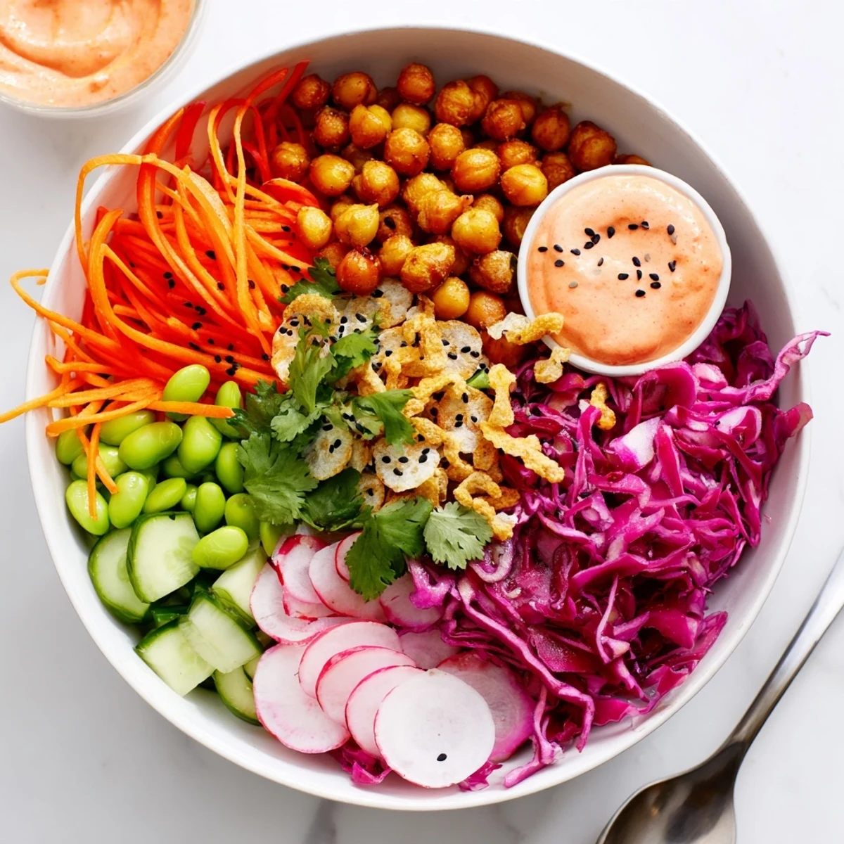 A colorful ASMR Crunch Snack Bowl filled with vibrant vegetables and crunchy toppings.  