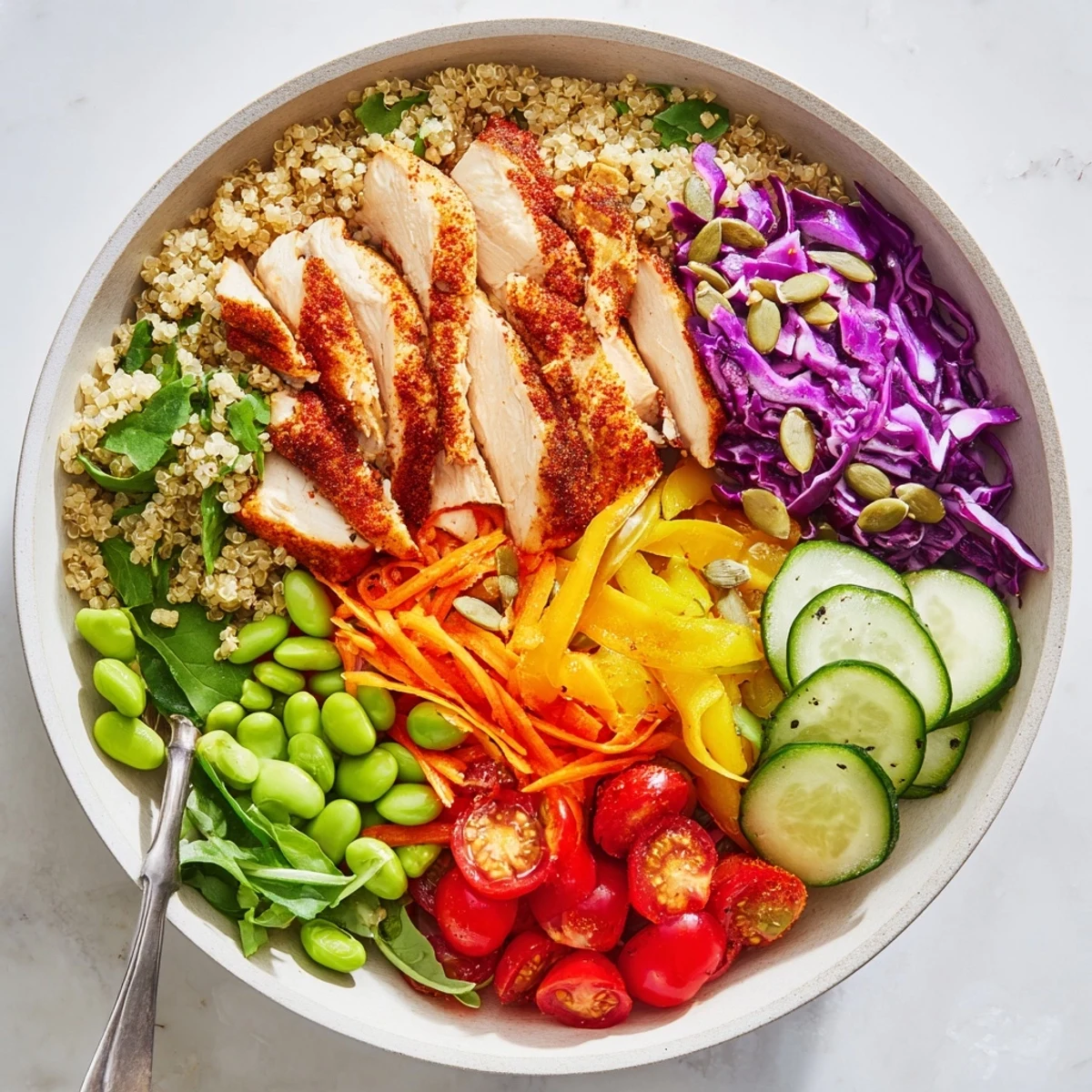 Close-up of Healthy Meal-Prep Bowls with fresh vegetables, quinoa, and zesty dressing.  