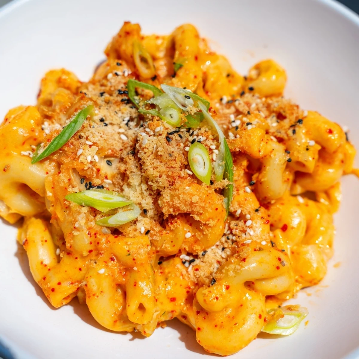 Creamy Spicy Kimchi Mac & Cheese garnished with panko and sesame seeds, a fusion delight.  