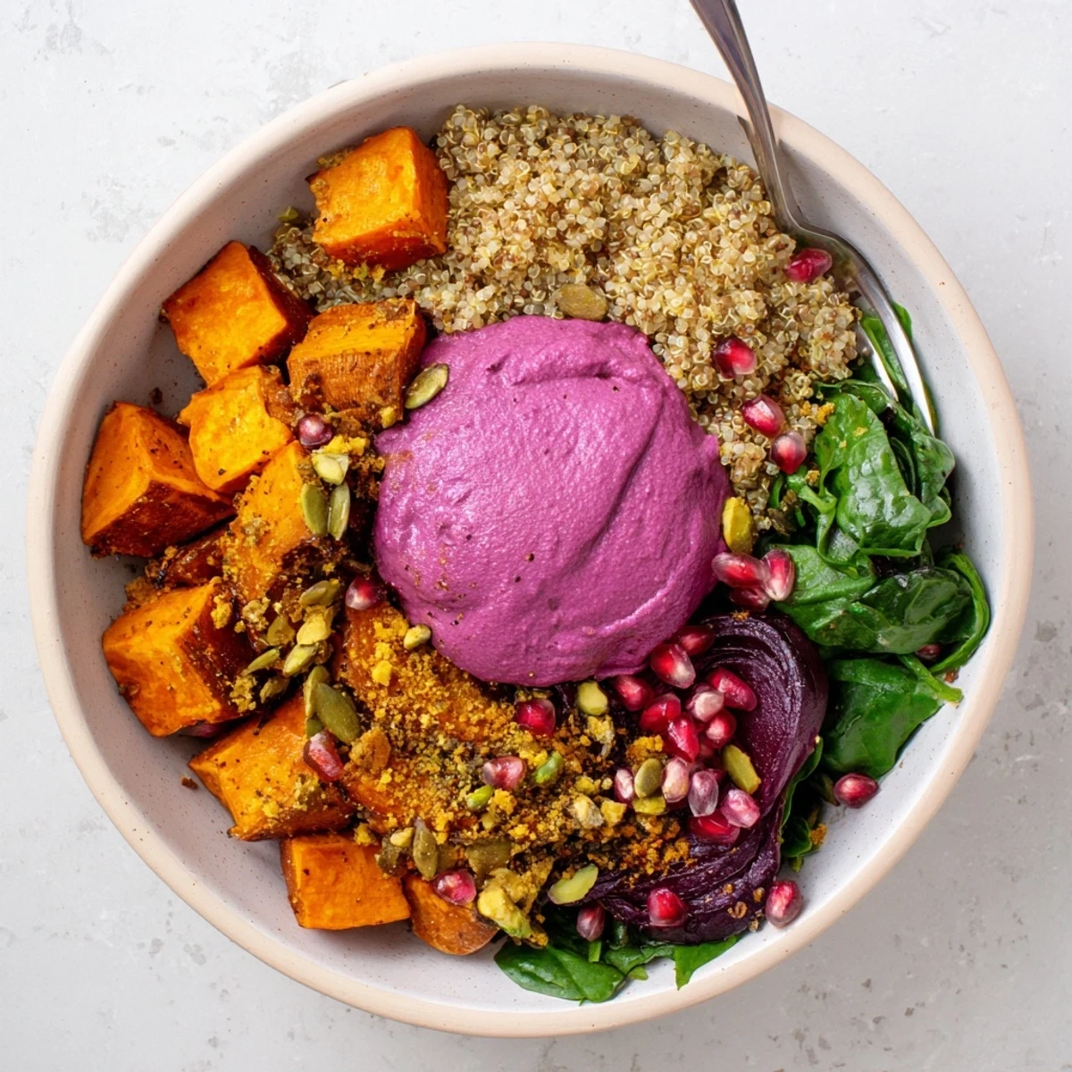 Colorful spiced winter bowls filled with roasted veggies and ube-coconut purée.  