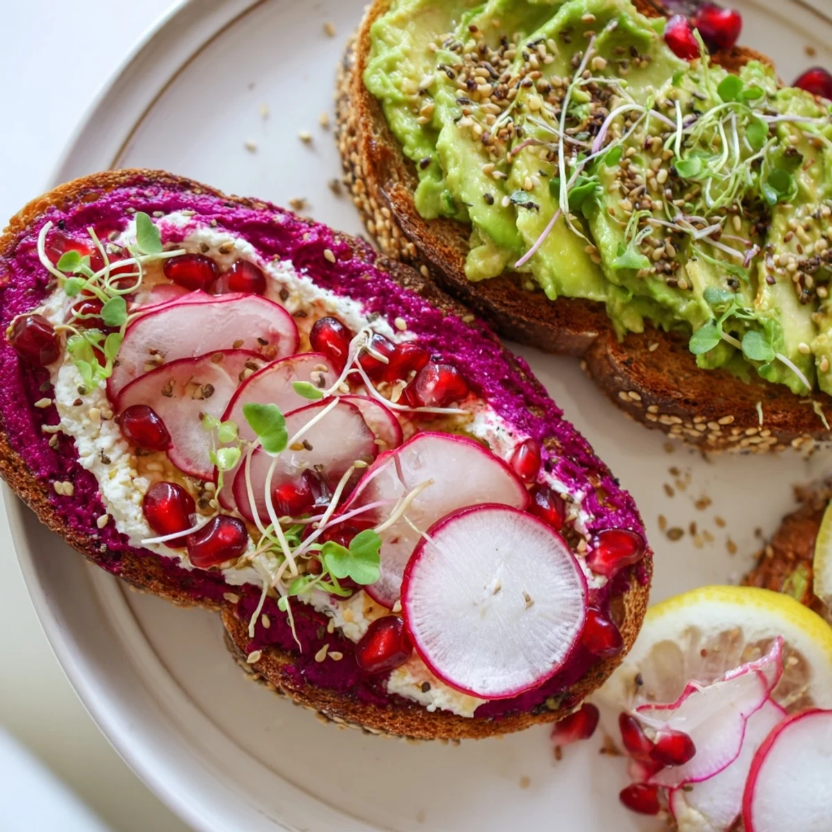 Vibrant Bright & Bold Breakfast Toasts topped with ube, avocado, and fresh radishes.  
