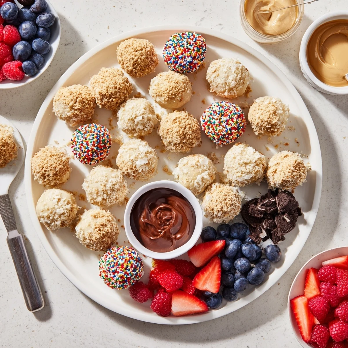 Decadent cheesecake bites surrounded by chocolate ganache and vibrant berry toppings