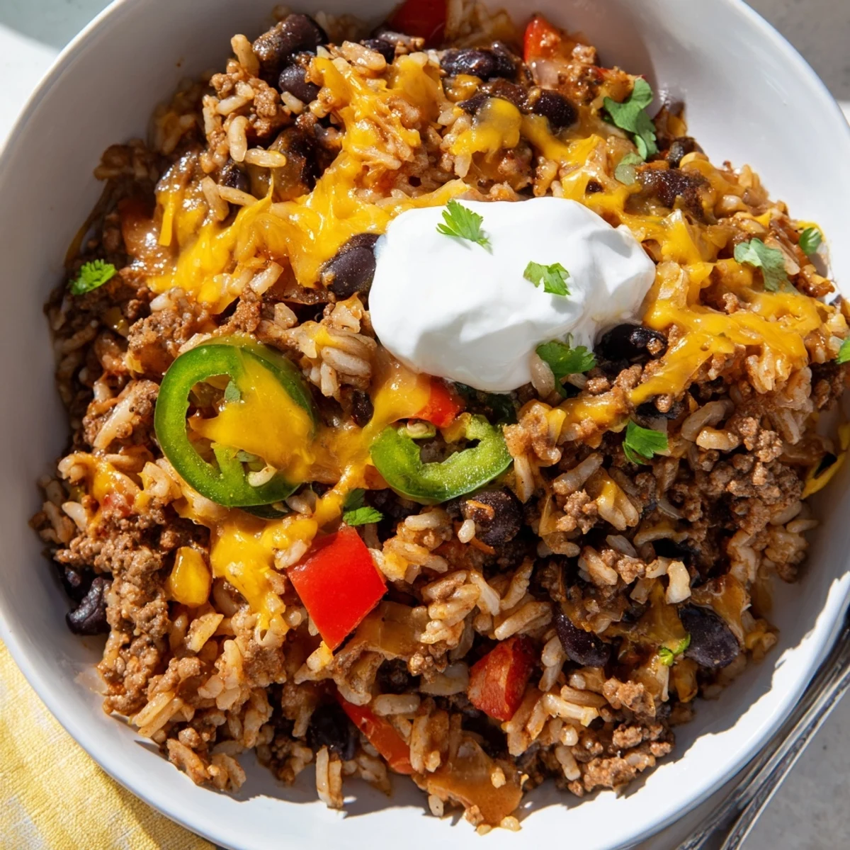 Hearty Tex-Mex Beef & Rice Casserole adorned with melty cheese and fresh jalapeños.  