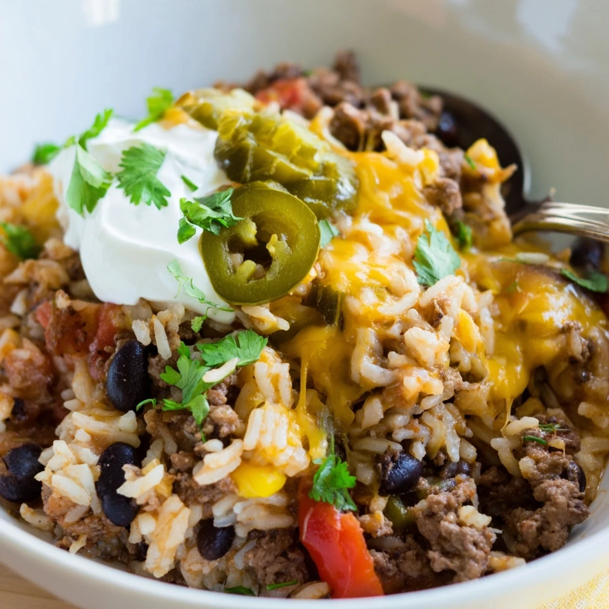 Warm, comforting Tex-Mex Beef & Rice Casserole topped with cilantro and creamy sour cream.