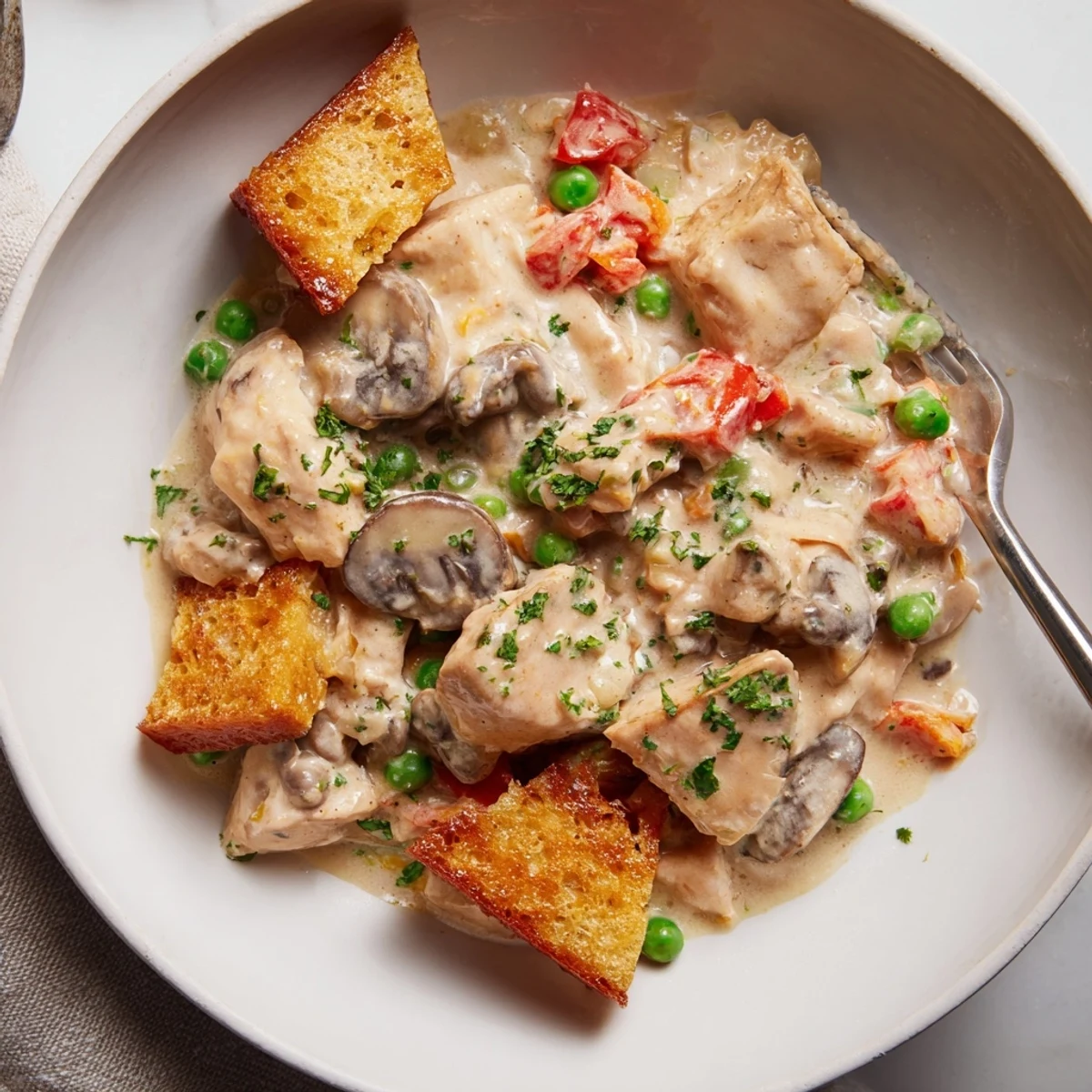 Creamy Chicken à la King served over golden buttered toast, garnished with fresh parsley.