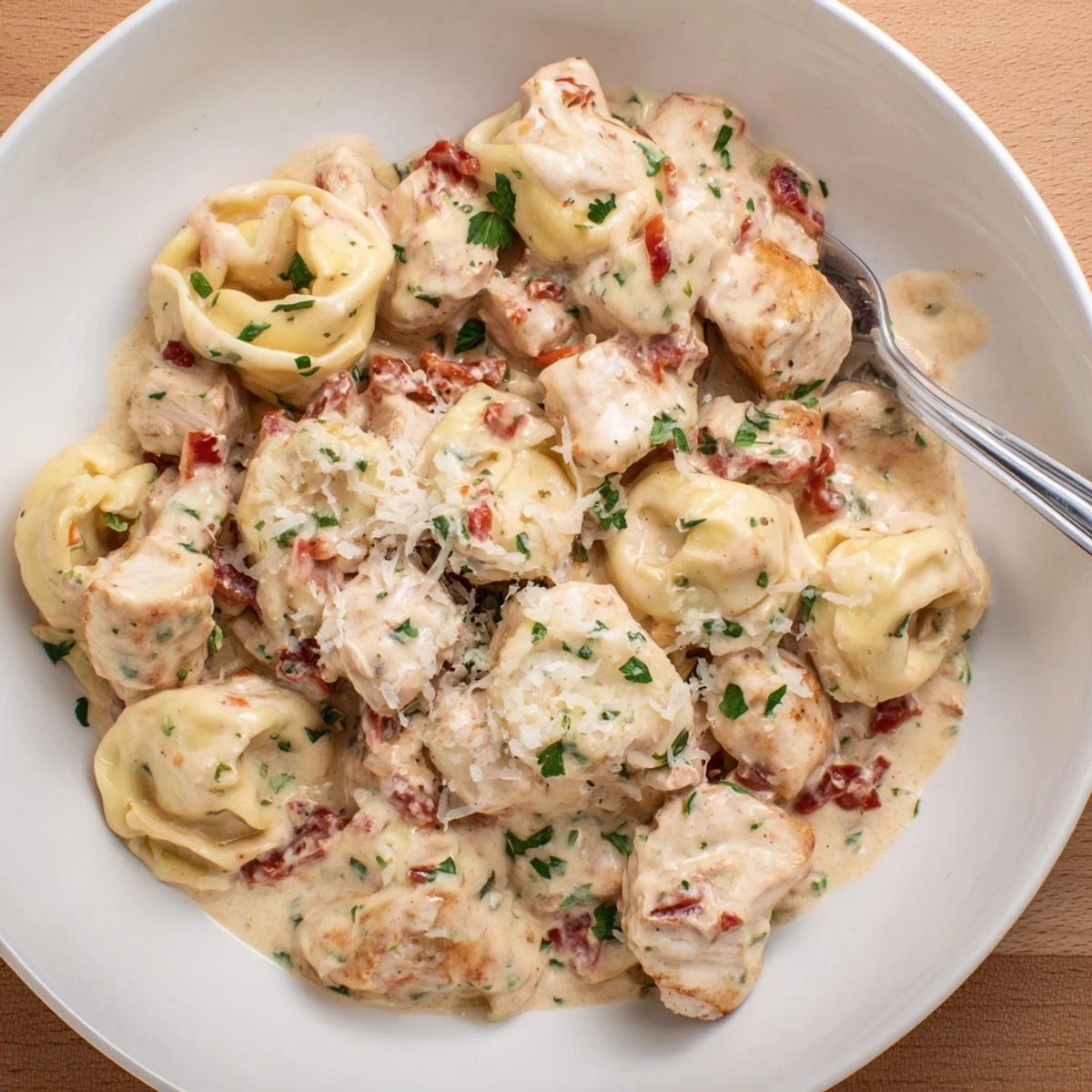Tender Zesty Cajun Garlic Parmesan Chicken Tortellini in creamy sauce with fresh parsley.