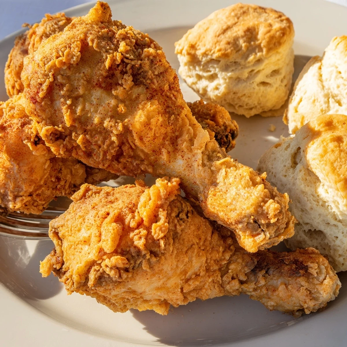 Crispy Southern fried chicken served with fluffy buttermilk biscuits for a hearty feast.  