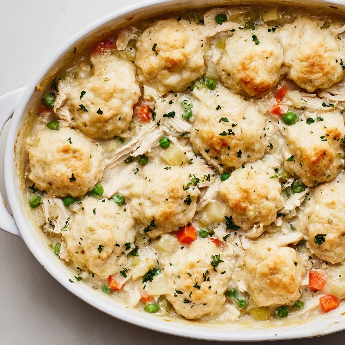 Golden Chicken and Dumplings Casserole bubbling with creamy sauce and fresh herbs.  
