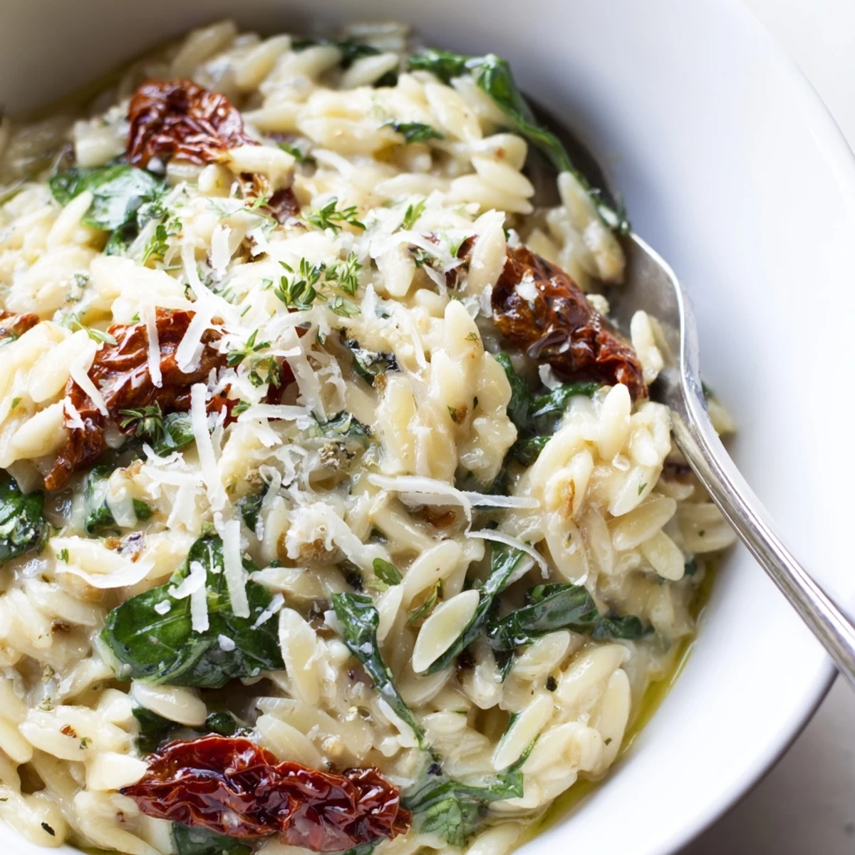 A comforting bowl of Creamy Tuscan Orzo, bursting with garlic and Parmesan flavor.