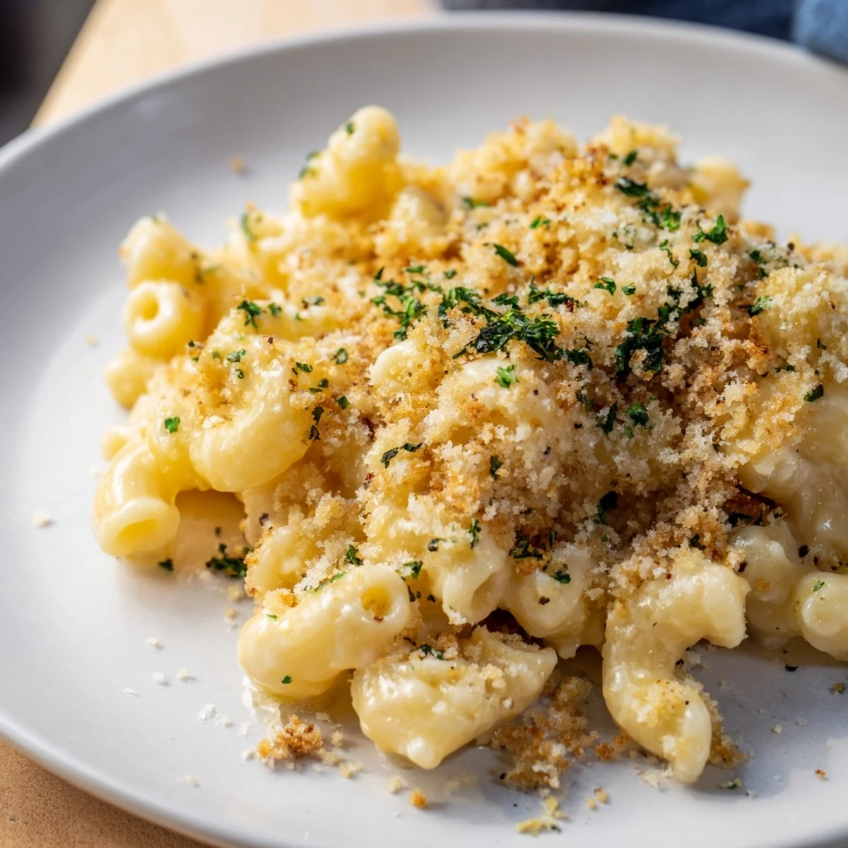 Creamy Truffle Macaroni & Cheese topped with golden breadcrumbs and fresh parsley.  