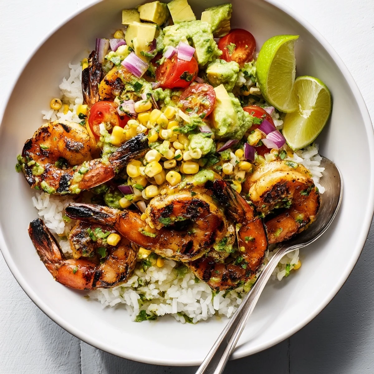 Savor the flavors of grilled shrimp and zesty avocado corn salsa over rice.