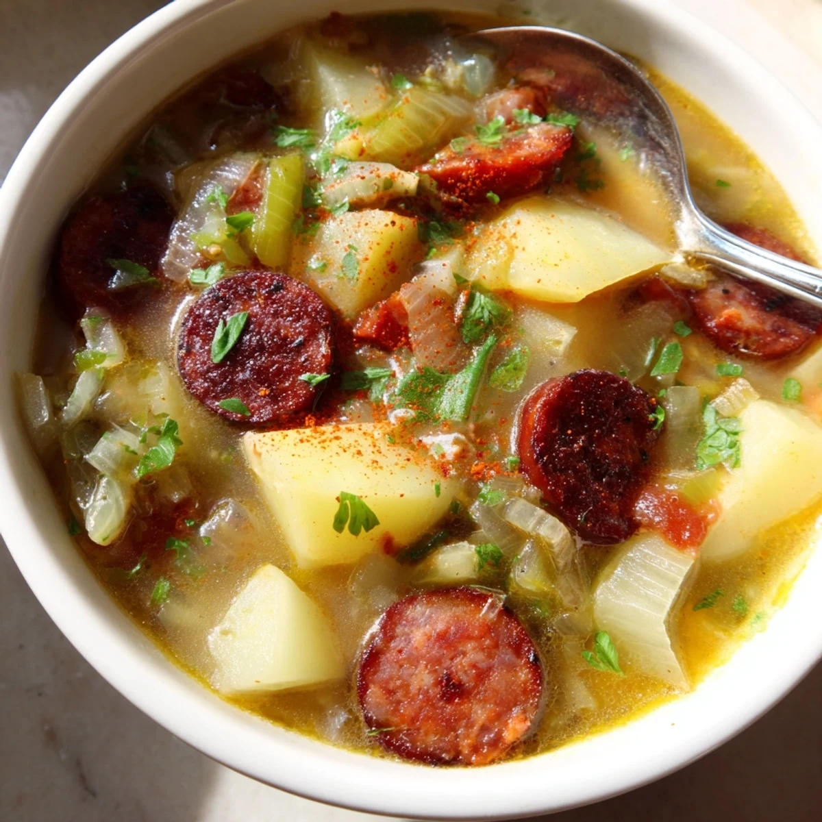 Warm and spicy potato, leek, and chorizo soup perfect for chilly evenings.