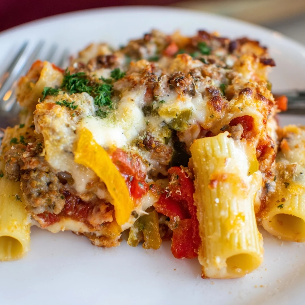 Comforting baked rigatoni featuring sausage, sweet peppers, and a rich, cheesy topping.