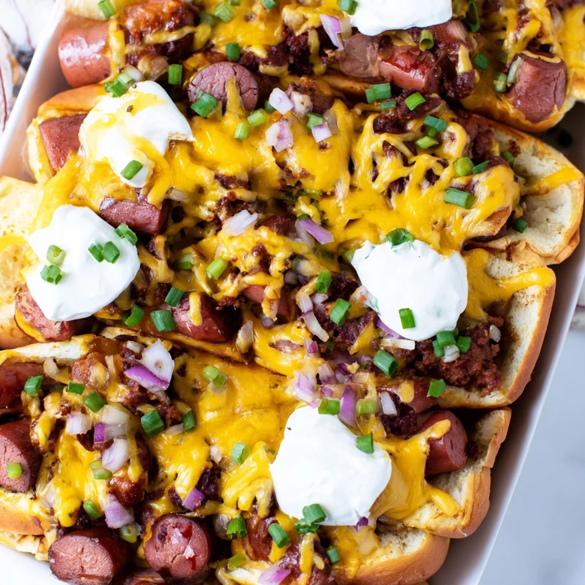 Baked Chili Dog Casserole topped with melted cheese and fresh chives, perfect for sharing.  