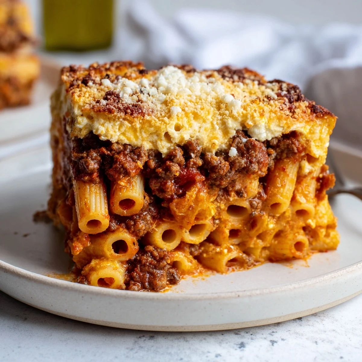 Savory Greek Pastitsio made with spiced beef and cheesy pasta layers.