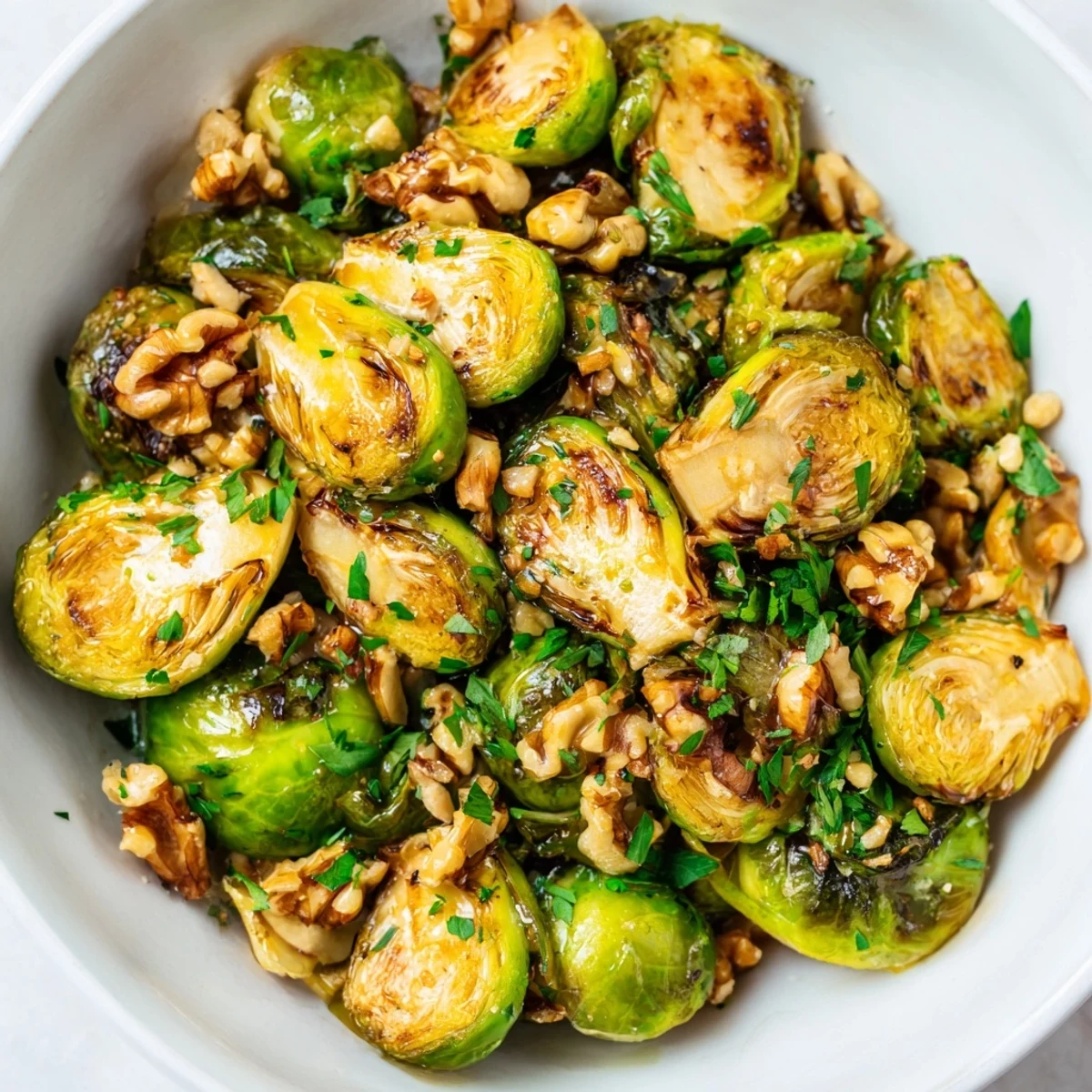 Savory maple glazed Brussels sprouts topped with crunchy walnuts, perfect for gatherings.