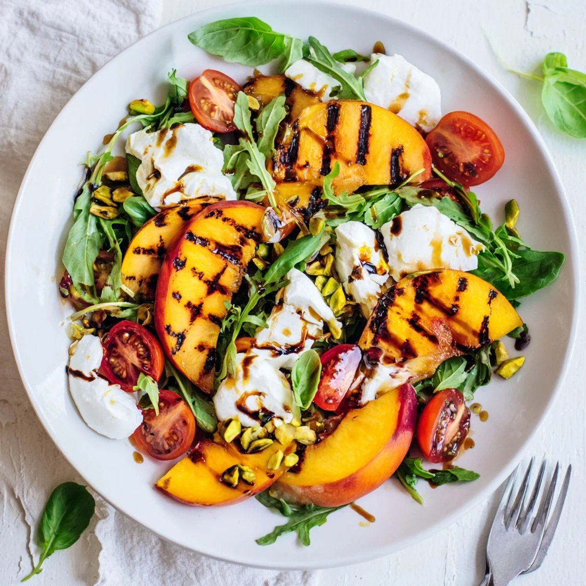 Refreshing Grilled Peach & Burrata Salad served on arugula, topped with toasted nuts.