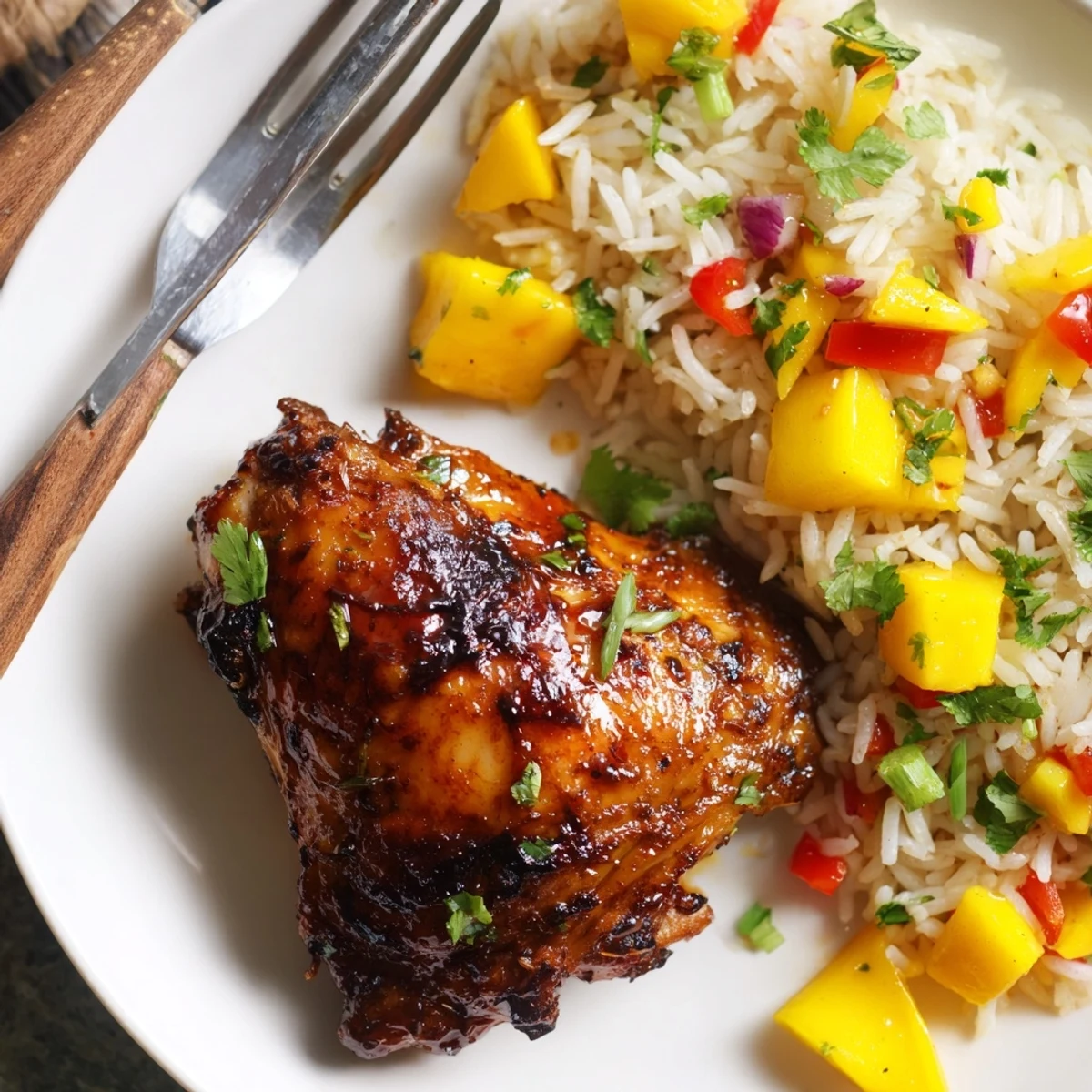 Aromatic jerk chicken with mango rice, garnished fresh herbs and vibrant colors.  