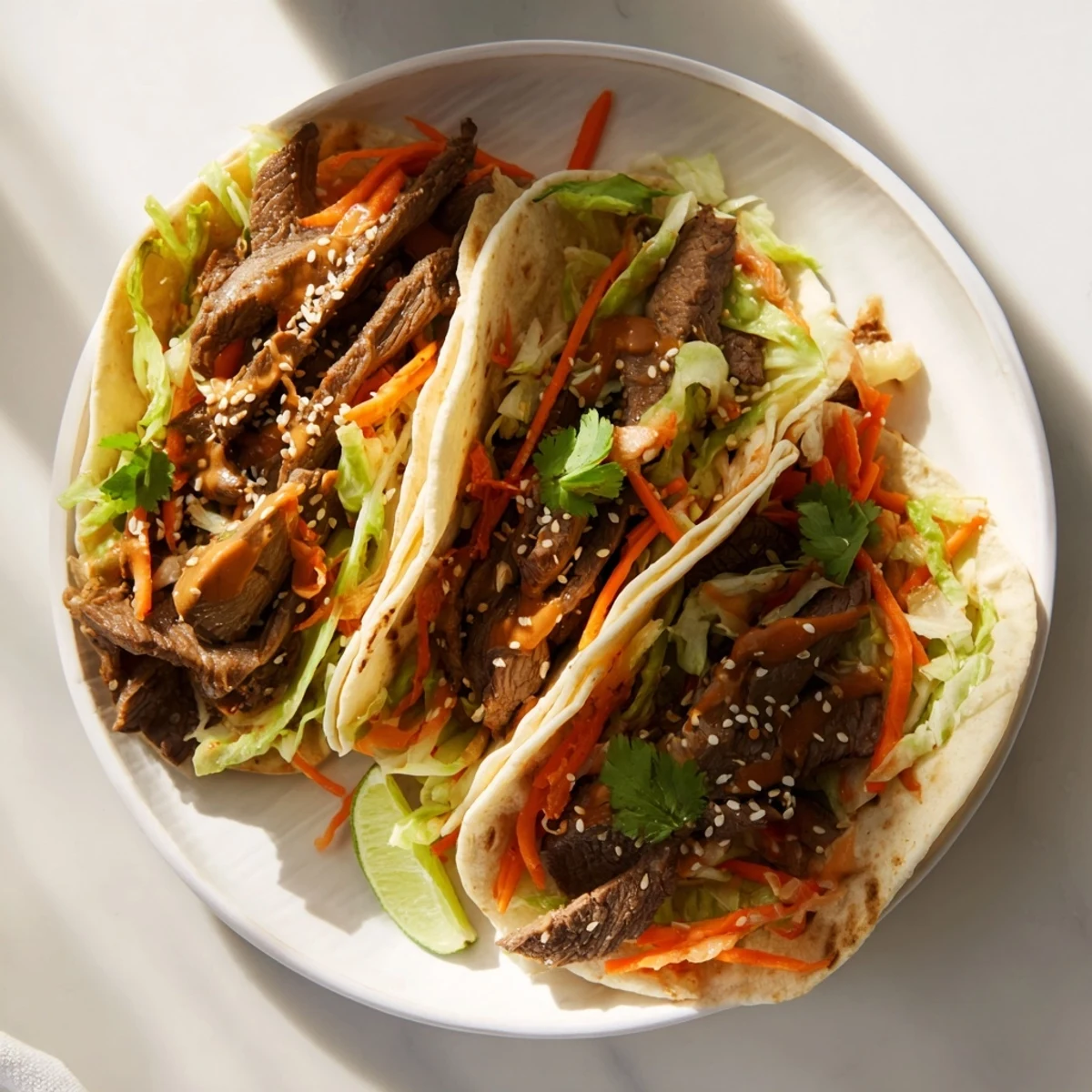 Deliciously spicy Korean BBQ Beef Tacos with Kimchi, served in soft tortillas.  