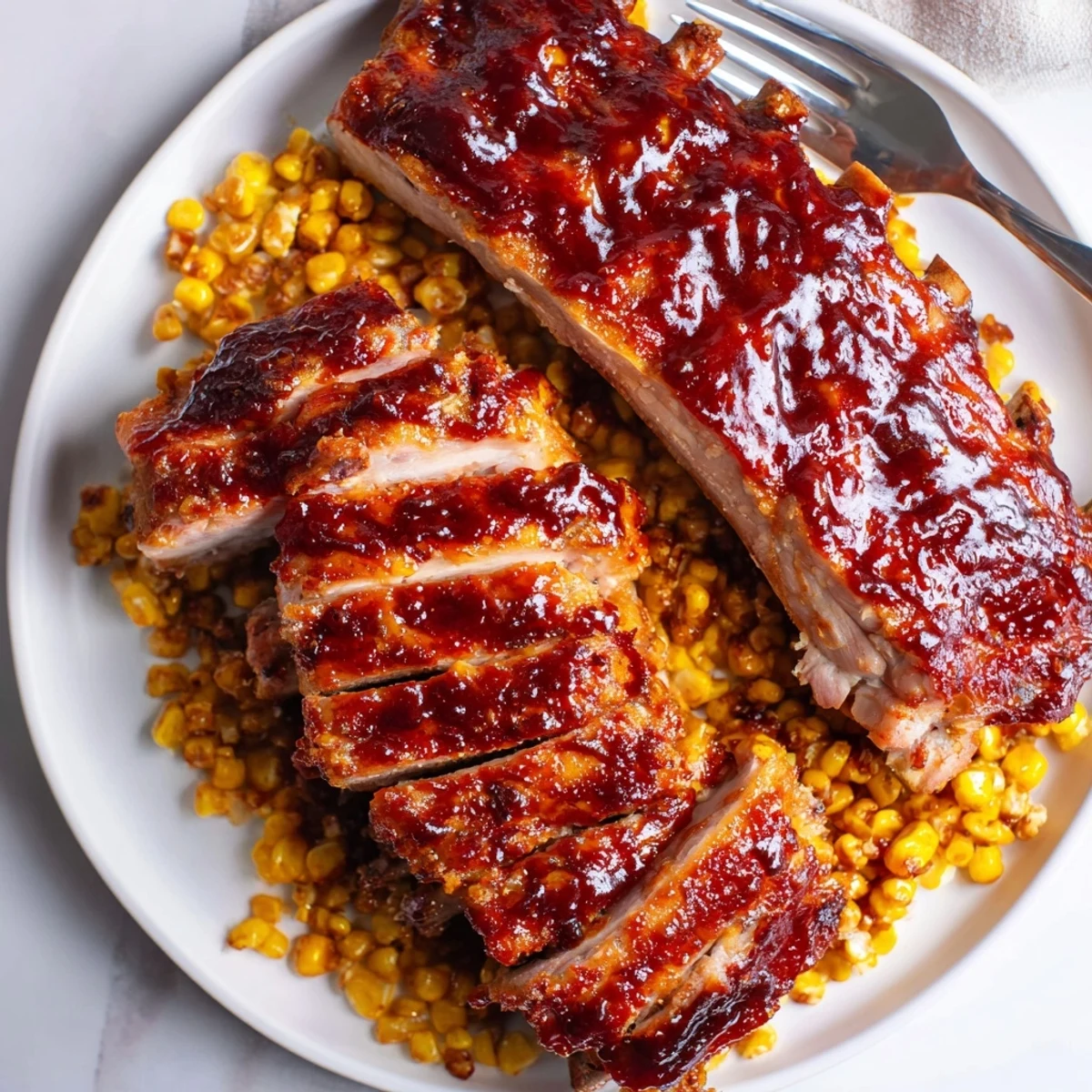 Juicy pork ribs coated in rich bourbon BBQ sauce, with golden corn fries on the side.  