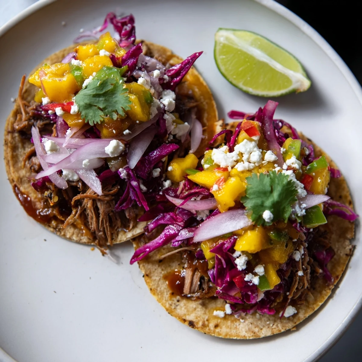 Juicy shredded duck confit nestled in warm tortillas with spicy mango topping.  