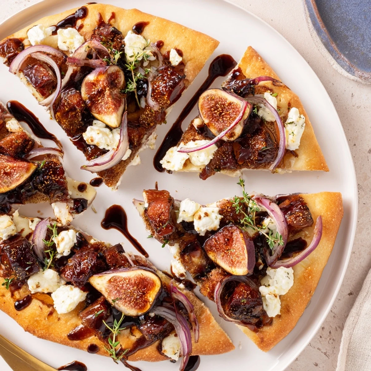 Golden-brown Roasted Balsamic Fig & Bacon Flatbread, a perfect appetizer for any gathering.