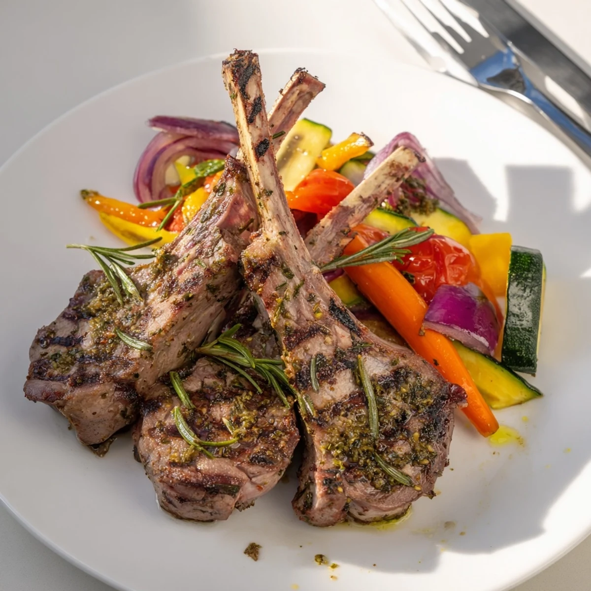Sizzling grilled lamb chops infused with lemon and herbs, nestled beside colorful roasted veggies.  