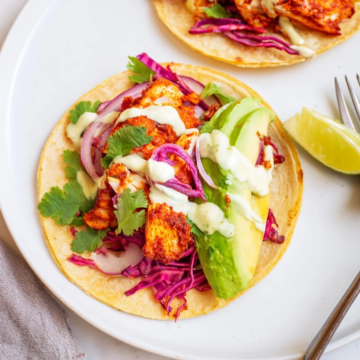 Flavorful roasted fish tacos with chipotle lime marinade, served with crunchy toppings.