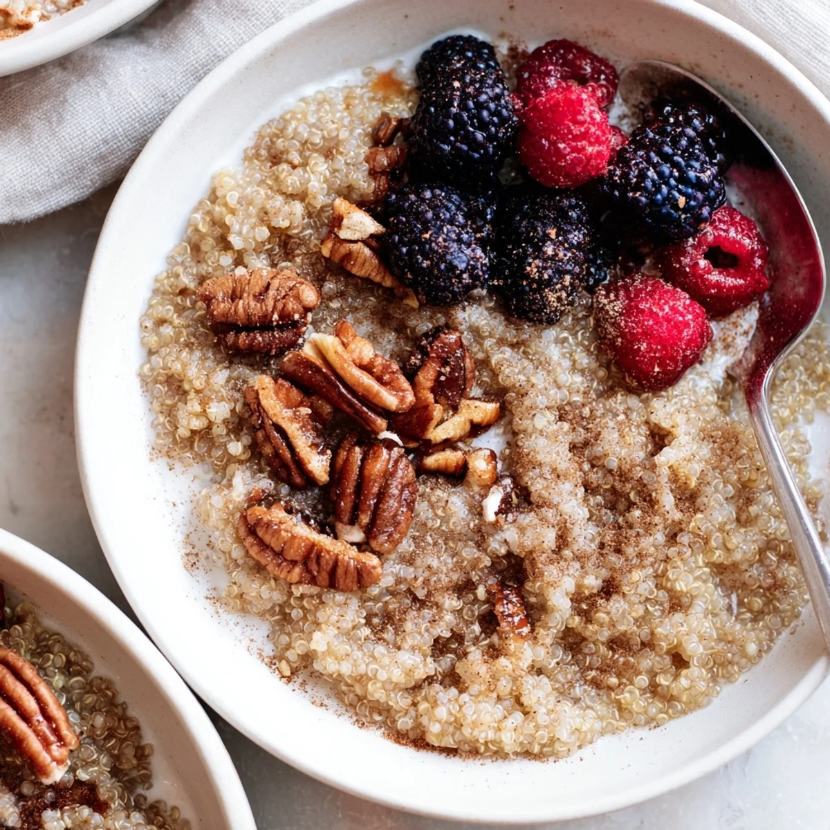 Delicious Maple Pecan Breakfast Quinoa topped with fresh berries and toasted nuts.  