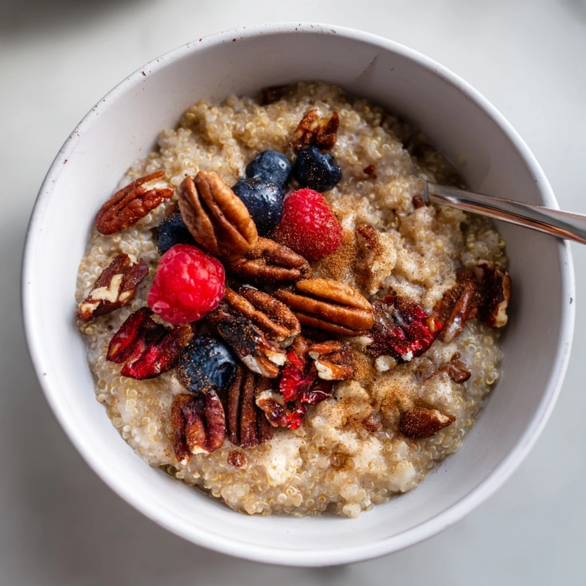 Warm quinoa breakfast bowl drizzled with rich maple syrup and cinnamon goodness.  