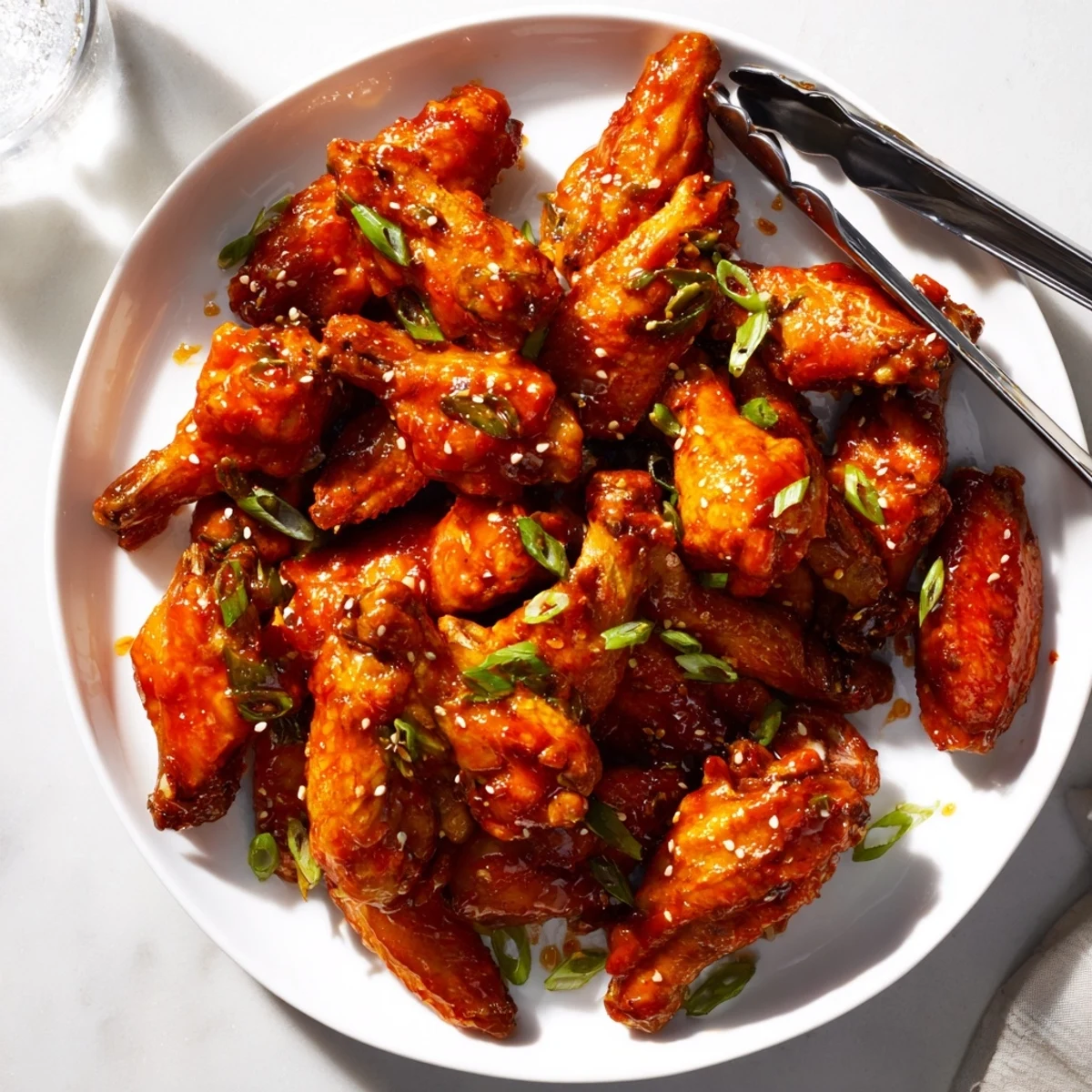 Crispy Honey Sriracha Chicken Wings glazed in a sweet and spicy sauce, garnished beautifully.