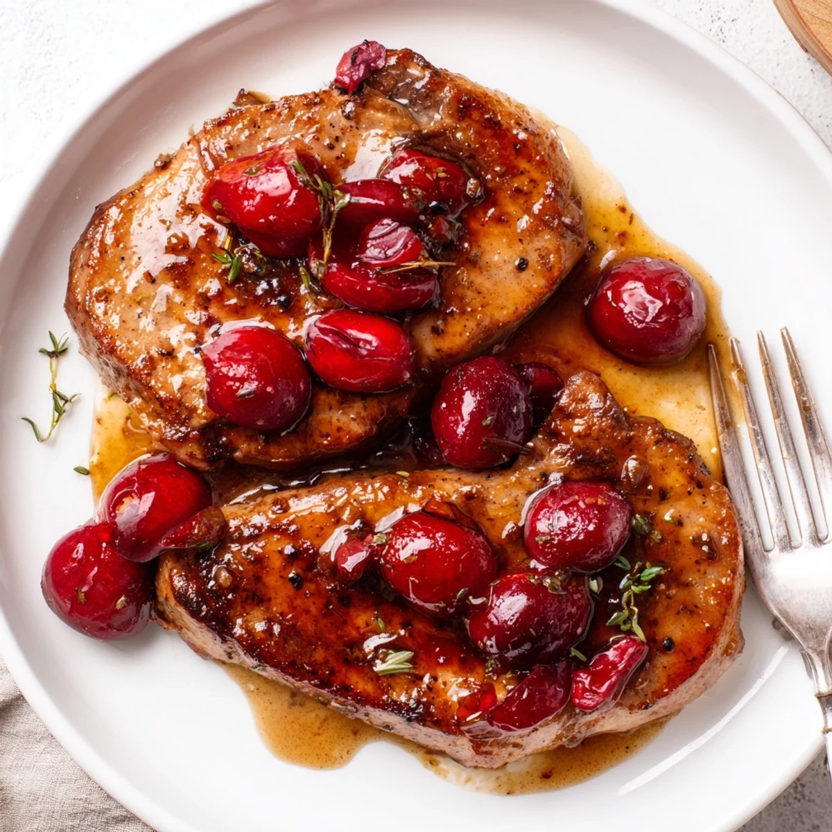 Juicy cherry balsamic glazed pork chops drizzled with a rich, savory sauce.  