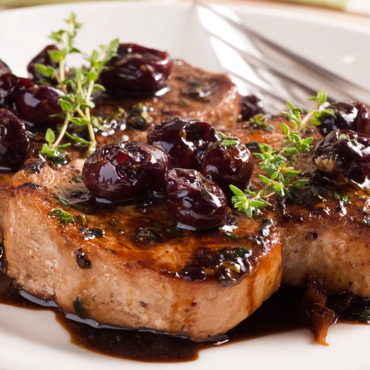 Sear pork chops in a skillet, then coat with delicious cherry balsamic glaze.