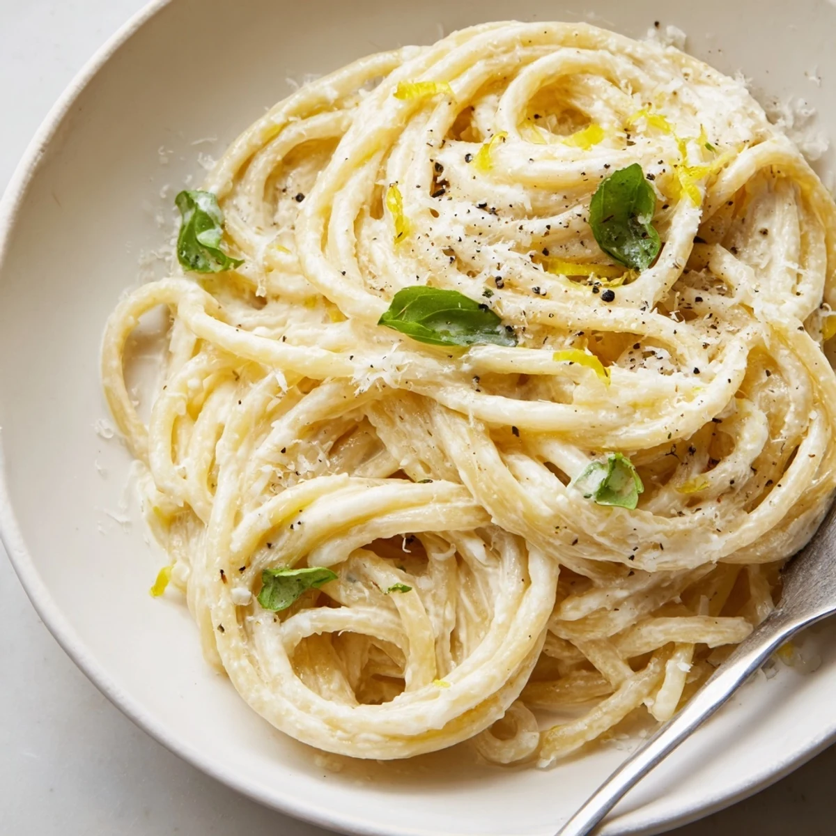 A bowl of Lemon Basil Ricotta Pasta, vibrant with fresh basil and lemon zest.  