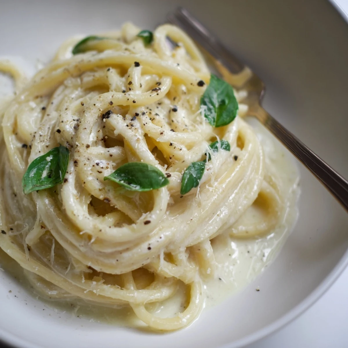 Creamy Lemon Basil Ricotta Pasta tossed with spaghetti, garnished with Parmesan and pepper.  