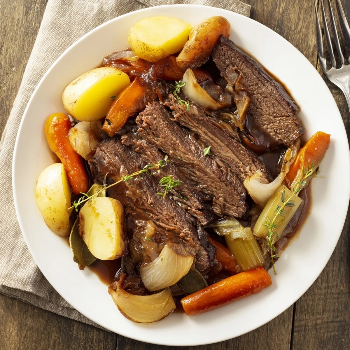 Tender beer-braised brisket with colorful root vegetables dish ready to serve.  