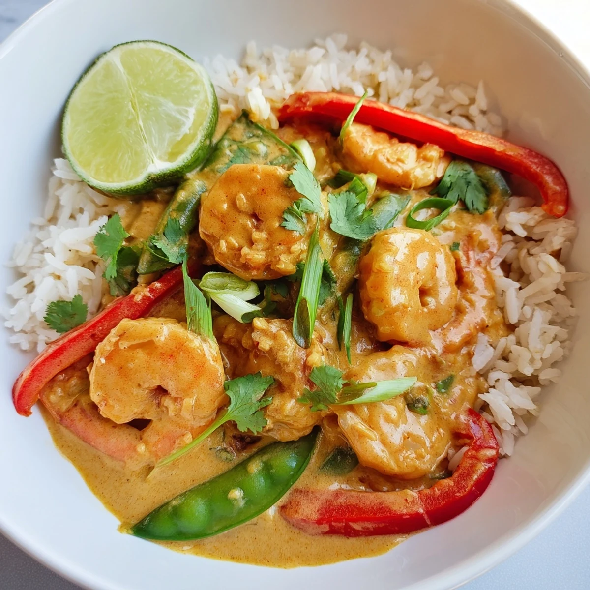 Creamy coconut curry shrimp served over fluffy jasmine rice with vibrant vegetables.  