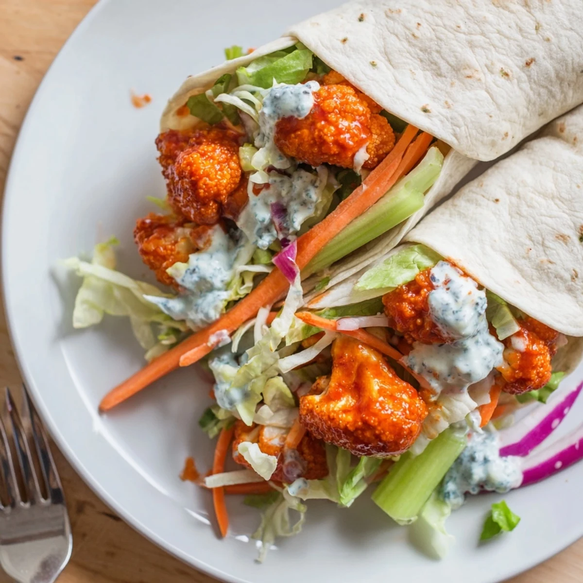Crispy buffalo cauliflower wraps drizzled with rich blue cheese dressing and fresh veggies.  