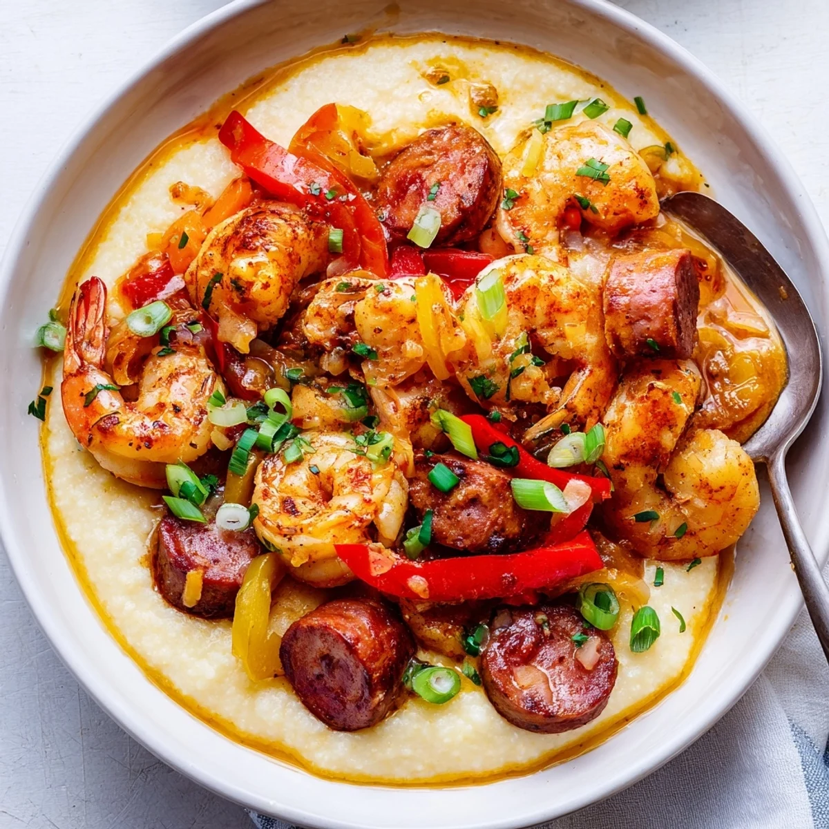 Creamy Cajun shrimp & grits topped with spicy sausage in a bowl.