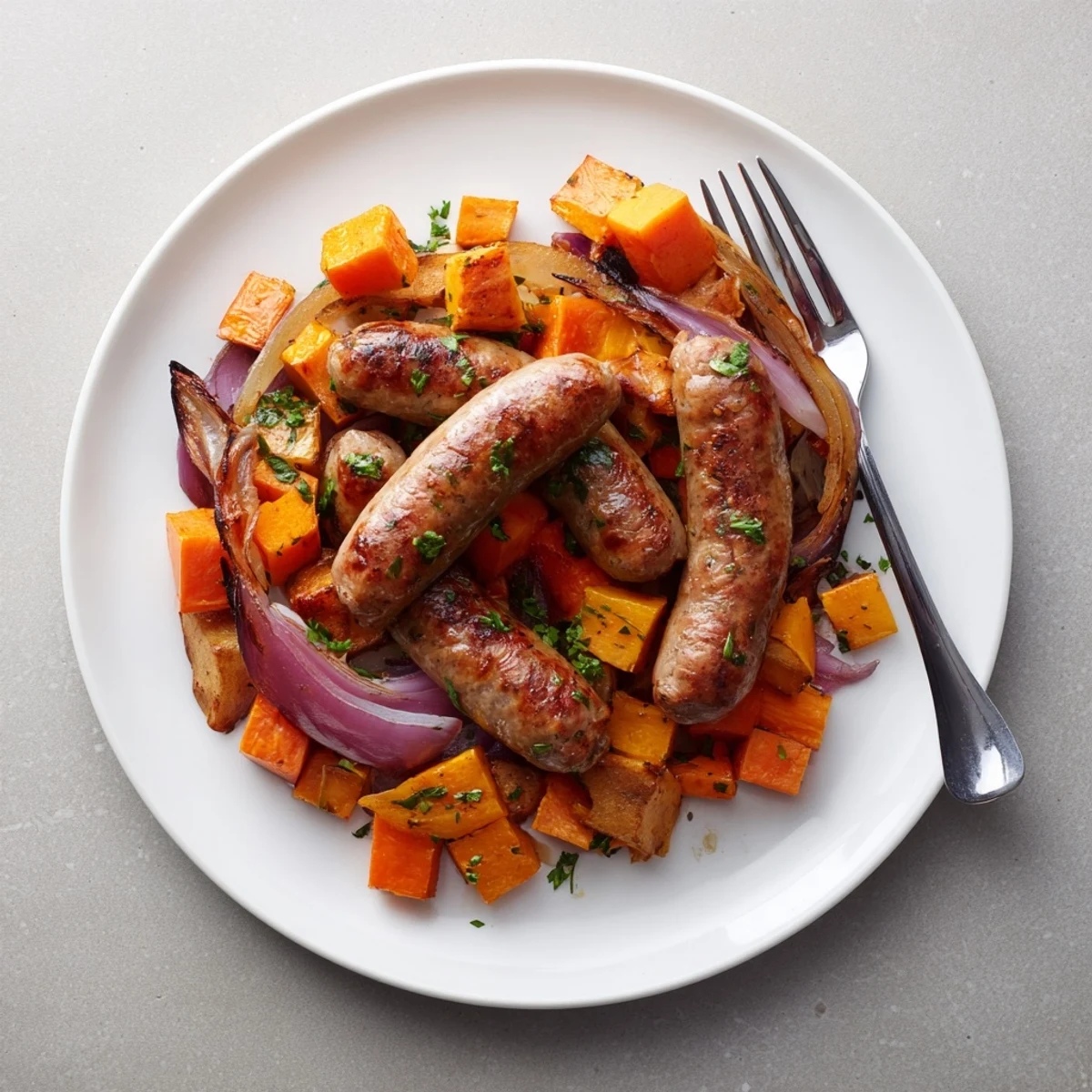 Vibrant Sheet Pan Roasted Sausage, Squash & Root Vegetables with caramelized veggies and savory Italian sausage.